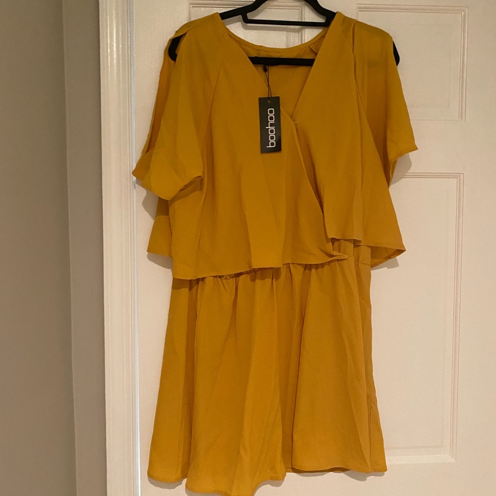 Boohoo Plus Ruffle Open Shoulder Dress in Mustard